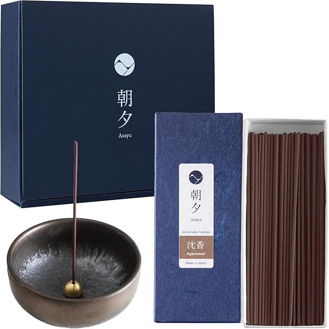 Asayu Japan Low Smoke Incense Gift Set with Incense Holder and Brass Stand, Agarwood Incense Sticks with Zen Ceramic Incense Holder