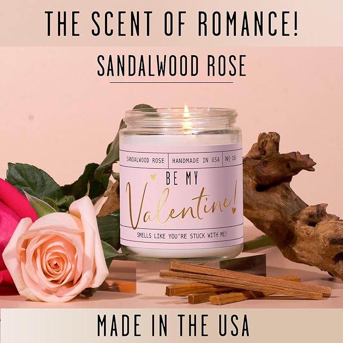 Valentines Day Gifts for Her, Valentine Candles, Valentines Gift for Girlfriend -Will You Be My Valentine Candle, w/Sandalwood & Red Roses I Valentines Gifts for Wife I 9oz, 50Hr Burn, USA Made