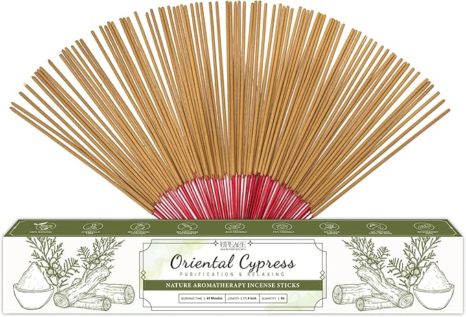 Upeace-Organic-Non-Toxic-Oriental-Cypress-Incense-Sticks (Bulk 86 Agarbatti Sticks) | 40 Minutes Long Lasting Burn for Positive Vibes, Meditation with Natural Scents, no Synthetic Essential Oils