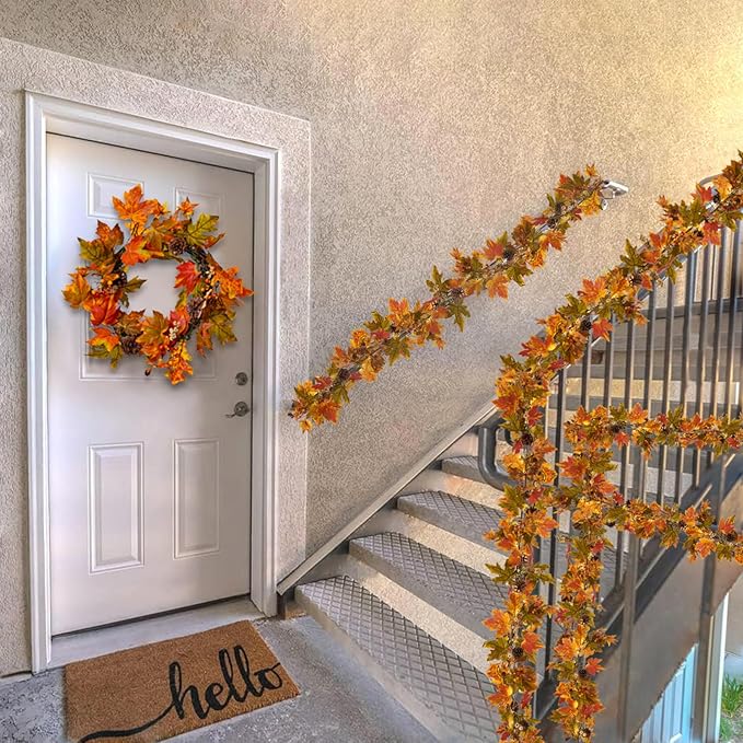 Artgar Fall Maple Leaf Garland, 6 Ft Fall Decor Garland with Pine Cones Berries, Harvest Decor Garlands with 30 Warm Lights for Fall Home Thanksgiving Fireplace Table Indoor Outdoor Porch Decor