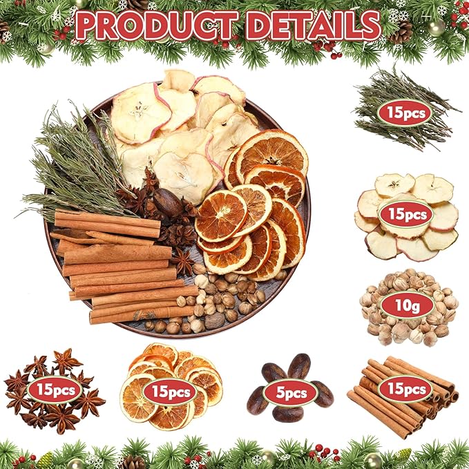 120 Pieces Christmas Potpourri Simmer Pot Simmering Potpourri Bowl Filler Xmas Simmer Pot Kit for Stove Dried Orange Apple Slices Cinnamon Sticks Stovetop for Holiday Xmas Decor