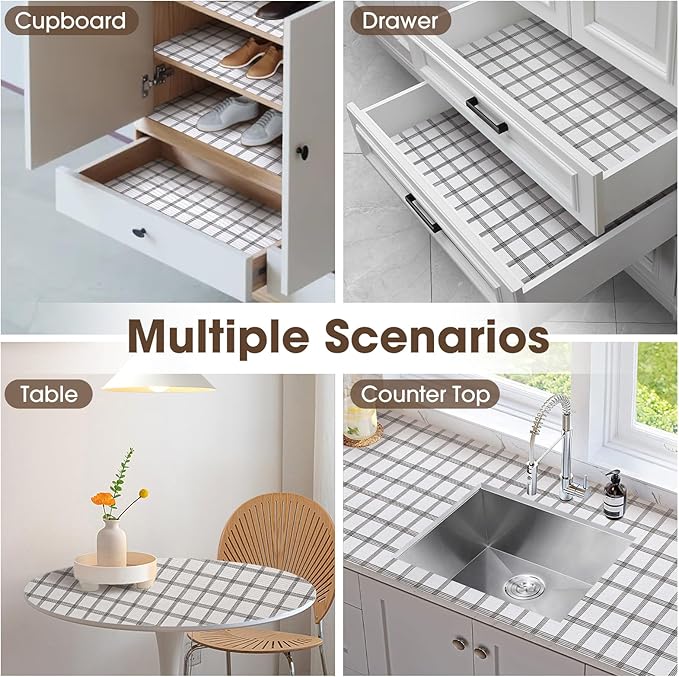 Drawer and Shelf Liner, Non-Slip Kitchen Cabinet Liners Non-Adhesive Thick Strong Grip Waterproof Washable Mats Protect Dresser Shelves Cupboard Bathroom Cabinets, White Stripes, 18IN X 20FT