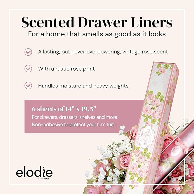 Drawer Liners for Dresser - 14" x 19.5" (Vintage Charm) Vintage Rose Scented Paper Liner for Bedroom & Bathroom Drawers - Non-Adhesive Shelf Paper for Cabinets - Pack of 6