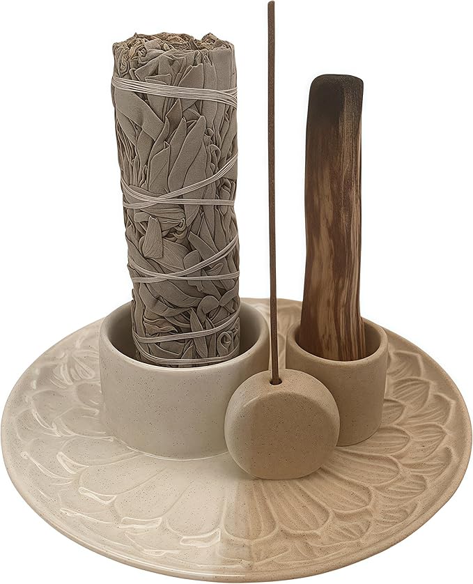 4 in 1 Incense Holder, Ceramic Incense Stick and Palo Santo Holder,Sage Holder for Burning- 5.5" Ceramic Ash Catcher Tray for Meditation and Yoga Room (Sand)