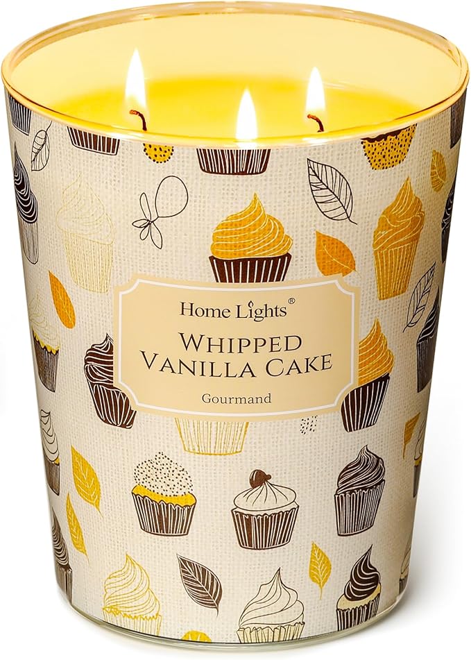 HomeLights Soy Wax Candles for Home Scented, 3-Wick Candles in Whipped Vanilla Cake Scented, Rustic Modern Aromatherapy Candles Gift for Parties, Relaxing, 34oz