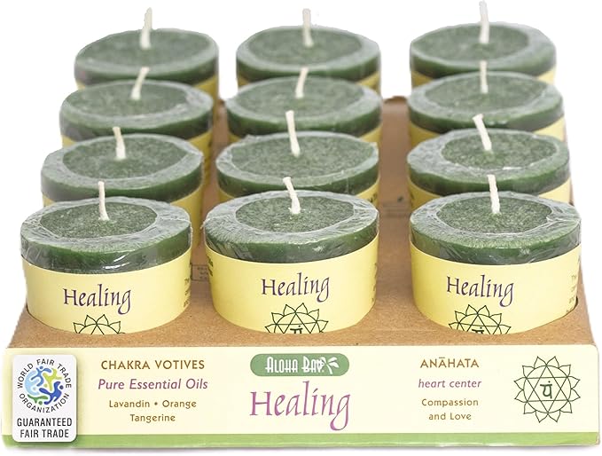 Premium Scented Hand Made Chakra Energy Candle | Votive 12-pack | Healing, Anahata| Yoga, Prayer & Meditation Candle | Long Burn |Essential Oils Lavandin, Orange, Tangerine | Aloha Bay