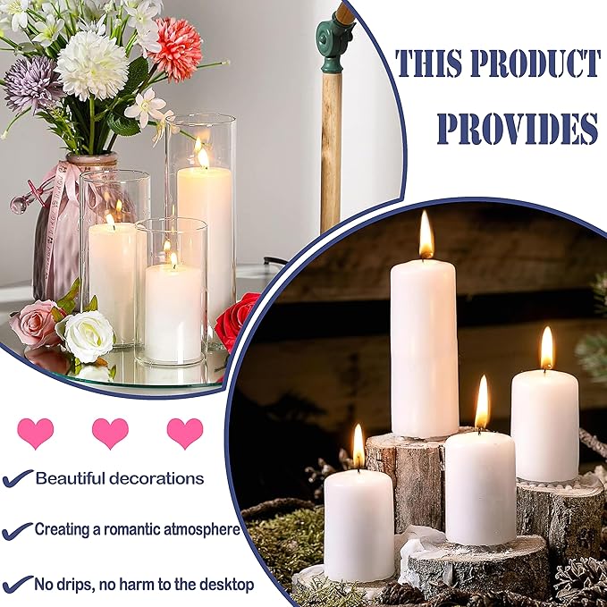 36 Pcs White Pillar Candles Bulk Set，Hurricane Candles，3 Different Lengths (12 Each)，Dripless Unscented Smokeless，Gives You a Better Atmosphere When Organizing an Event Party.