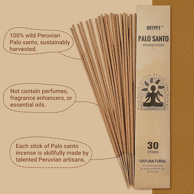 Palo Santo Incense Sticks (30 Sticks), 100% Natural sustainably harvested Peruvian Palo Santo, Suitable for Meditation, Relaxation, and Spiritual Purification