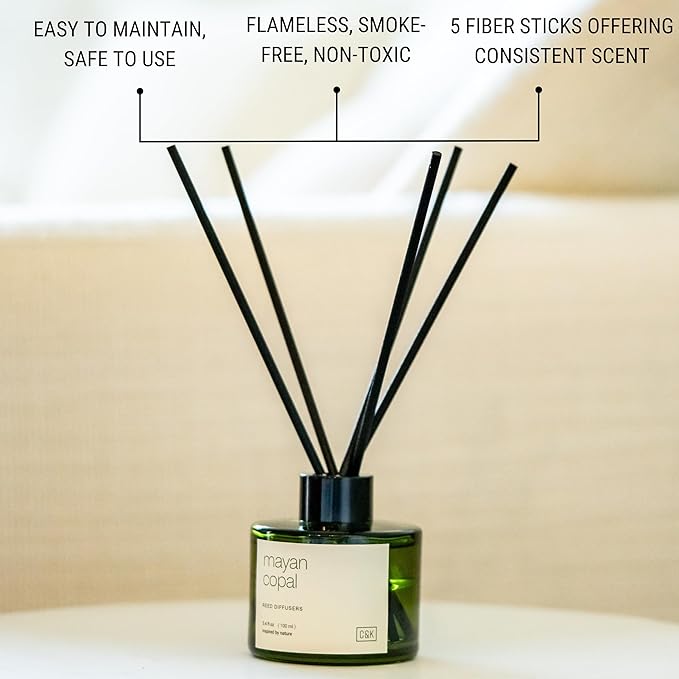 Craft & Kin Mayan Copal Reed Diffuser | All Natural Essential Oil & Rattan Scent Sticks | Fall Reed Diffusers for Home, Bathroom | Long Lasting Home Fragrance in Green Glass, 3.4oz