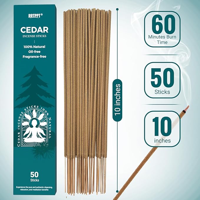 Cedar Incense Sticks (50 Sticks), 100% Natural sustainably harvested Cedar, Suitable for Yoga, Meditation, Relaxation, and Spiritual Purification