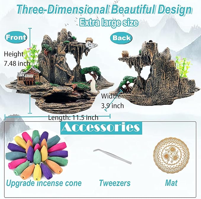 Mountain Waterfall Incense Burner，Backfall Incense Holder River, Incense Falls Meditation Decor for Room with Upgrade Incense Cones and Accessories (Mountain)