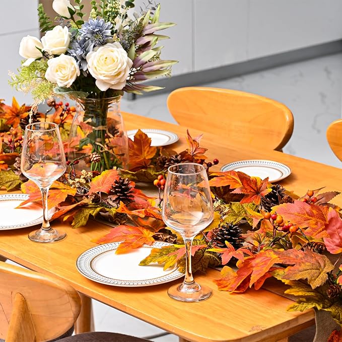 Artgar Fall Maple Leaf Garland, 6 Ft Fall Decor Garland with Pine Cones Berries, Harvest Decor Garlands with 30 Warm Lights for Fall Home Thanksgiving Fireplace Table Indoor Outdoor Porch Decor