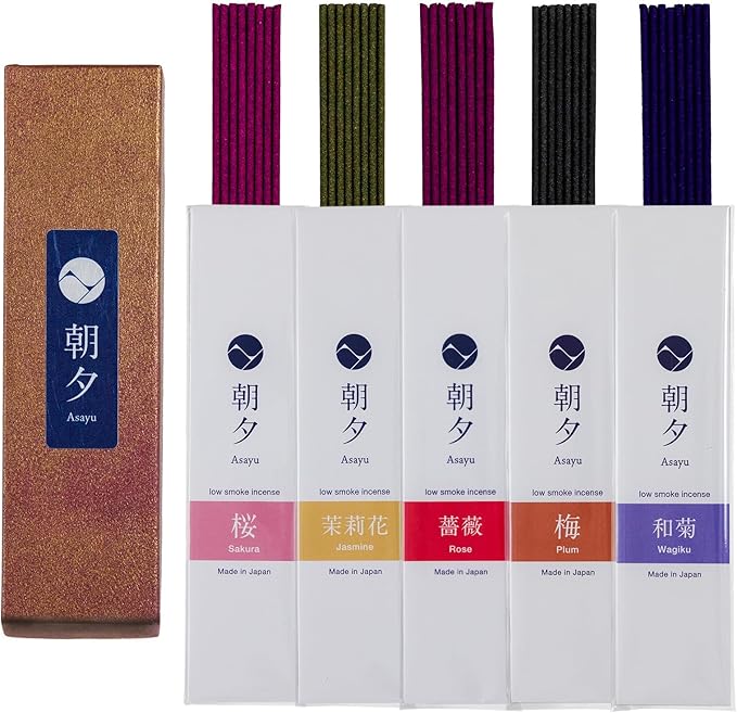 Asayu Japan Incense Sticks Assortment - 5 Floral Fragrances, 20g, 100% Made in Japan Incense Sampler Variety Pack - for Yoga, Zen Meditation & Relaxation