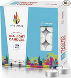 50 Unscented Tea Lights Candles White, Smokeless, Dripless & Long Lasting Paraffin Small Votive Mini Tealight Candle for Home, Pool, Shabbat, Weddings & Emergencies (50-Pack)