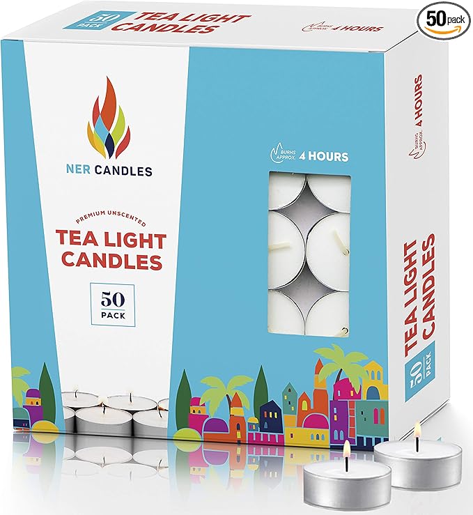 50 Unscented Tea Lights Candles White, Smokeless, Dripless & Long Lasting Paraffin Small Votive Mini Tealight Candle for Home, Pool, Shabbat, Weddings & Emergencies (50-Pack)