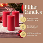 Mister Candle Dripless Unscented Pillar Candles, Set of 3 Hand Poured Red Pillar Candles, Solid Color Non-Scented Candles for Home Decor, Premium Wax, 80 Hr Burn Time, 3x6 Inch