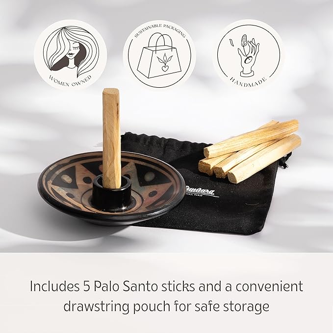Luna Sundara Authentic Peru Pottery Palo Santo Stick Holder and Incense Holder Includes 5 Palo Santo Sticks Handmade Ceramic Smudge Bowl Sage Holder Palo Santo Holder (Apricot)