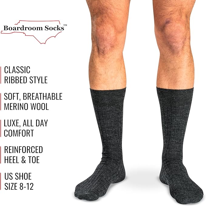 Merino Wool Mid-Calf Dress Socks for Men, Ribbed Dress Socks