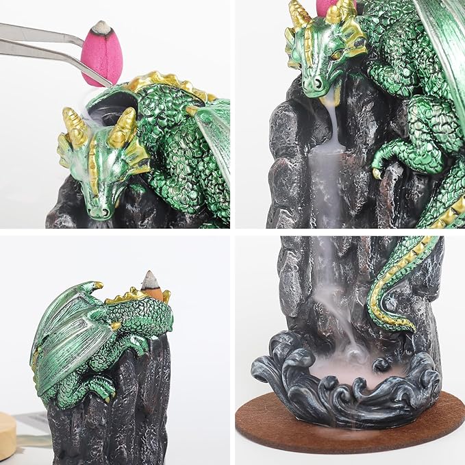 Dragon Backflow Incense Holder Waterfall Incense Burner, with 100 Backflow Incense Cones,1 Mat,1 Tweezers，Aromatherapy Ornamental for Home Office Yoga （Green Dragon）