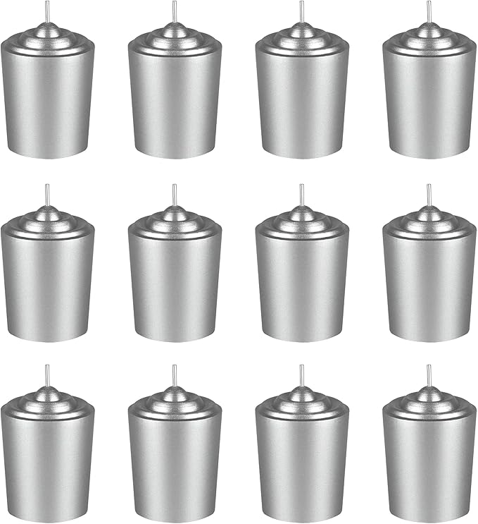 Mega Candles 12 pcs Unscented Silver Votive Candles, Hand Poured Wax Candle 15 Hours 1.5 Inch x 2.25 Inch, Home Décor, Wedding Receptions, Centerpieces, Occasions, Events, Meditations, Holders