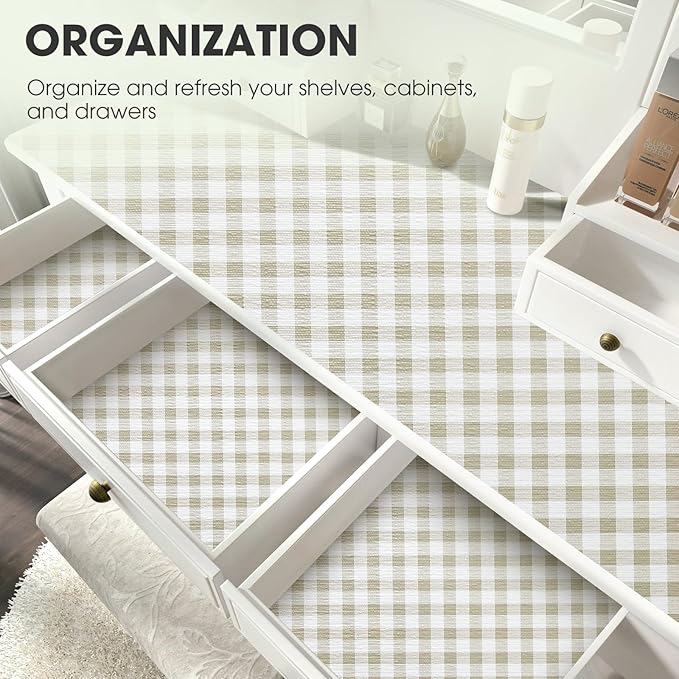 Drawer and Shelf Liner, Non-Slip Kitchen Cabinet Liners Non-Adhesive Thick Strong Grip Waterproof Washable Mats Protect Dresser Shelves Cupboard Bathroom Cabinets, Green Plaid, 18 in X 20 FT
