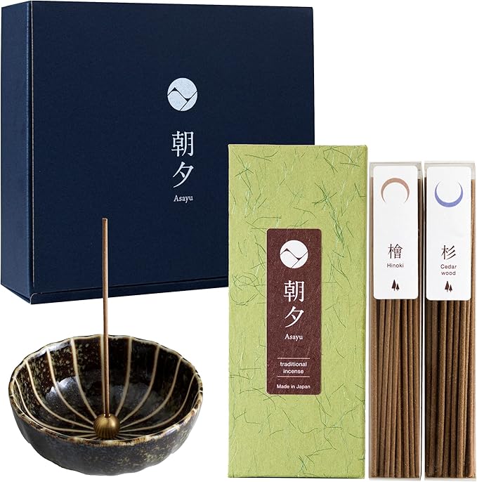 Asayu Japan Traditional Incense Gift Set with Brass Stand, Forest Scent with Green Lotus Incense Holder