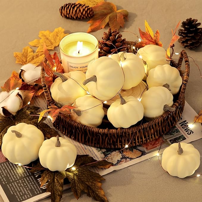 Artgar Pumpkin Decor - White Pumpkin - 10 PCS Mini Pumpkins Harvest Set - Beige Foam Pumpkins for Home Decor DIY, Table, Halloween, Fall, Thanksgiving Decorations