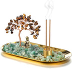 Jovivi Crystal Incense Holder for Sticks, Tiger Eye Healing Crystal Stone Money Tree Buddha Statue Set Incense Burner, Incense Trays for Wealth, Good Luck,Yoga Meditation Home Decor