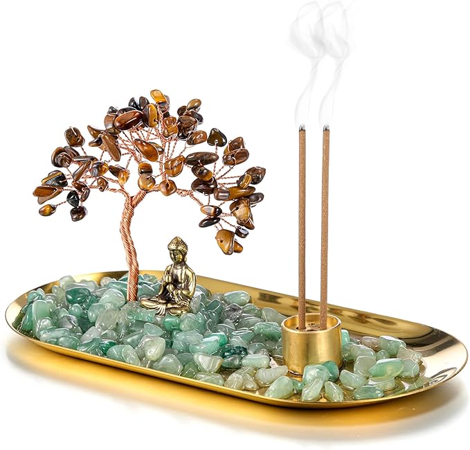 Jovivi Crystal Incense Holder for Sticks, Tiger Eye Healing Crystal Stone Money Tree Buddha Statue Set Incense Burner, Incense Trays for Wealth, Good Luck,Yoga Meditation Home Decor