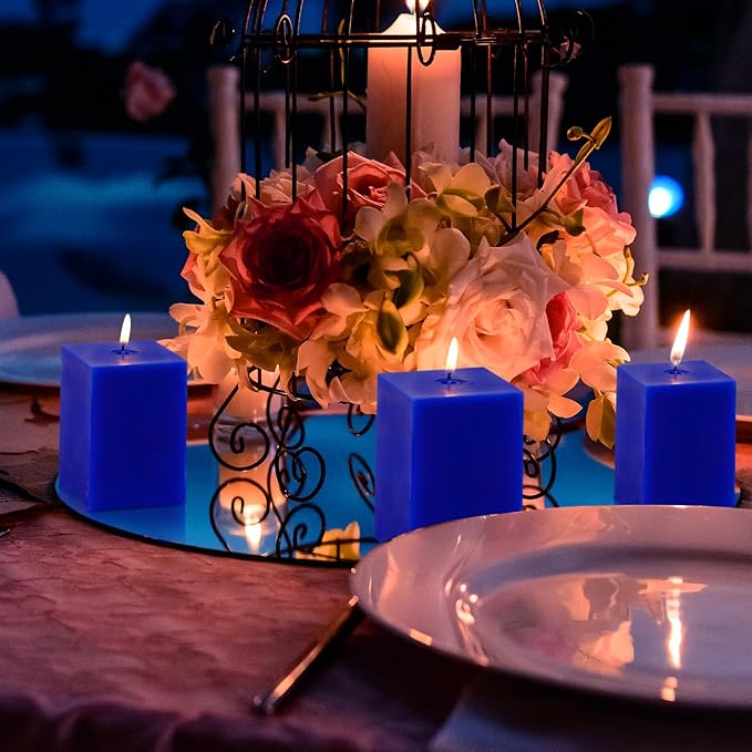 KONNI Square Classic Blue Pillar Candles Set of 3, 2.8"x 4" Unscented Pillar Candles Bulk, 30 Hours Long Burning Candles, Smokeless Dripless Large Candle for Wedding, Home Decoration, Parties, Spas