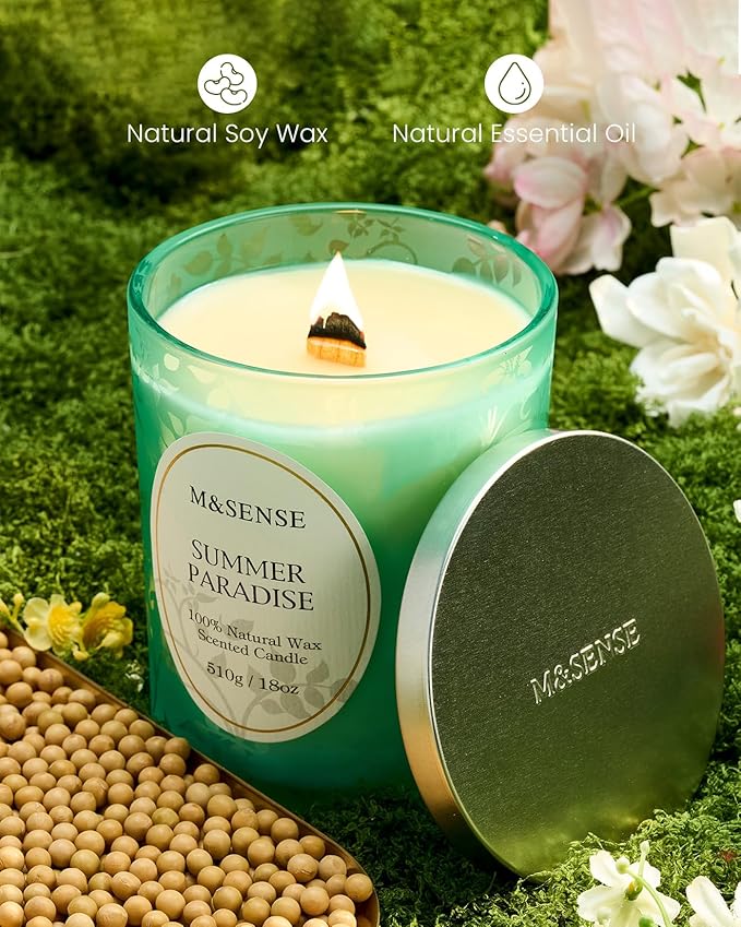 M&SENSE Citrus Pine Scented Candles Summer Paradise, Wooden Wick Candle with Lid, 100 Hours Slow Burning No Toxin Natural Soy Wax 18oz, Air Purifying Calm Relax Home Fragrance, Housewarming Gifts