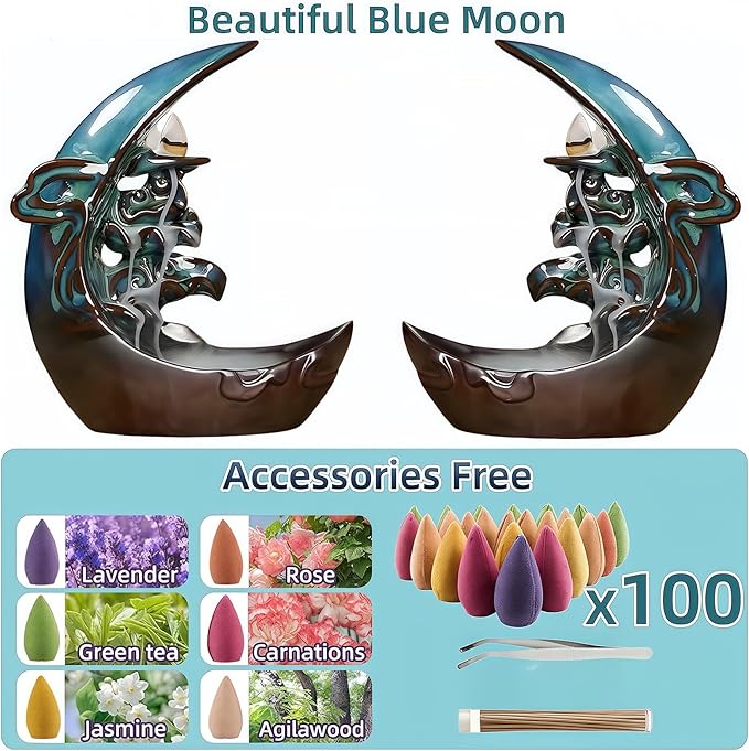 Moon Backflow Incense Holder – Ceramic Incense Cone Holder with 60 Backflow Incense Cones | Waterfall Incense Burner & Waterfall Fountain | Incense Waterfall Effect for Relaxation & Meditation