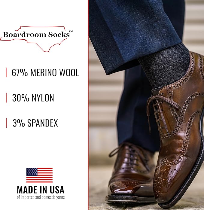 Merino Wool Mid-Calf Dress Socks for Men, Ribbed Dress Socks