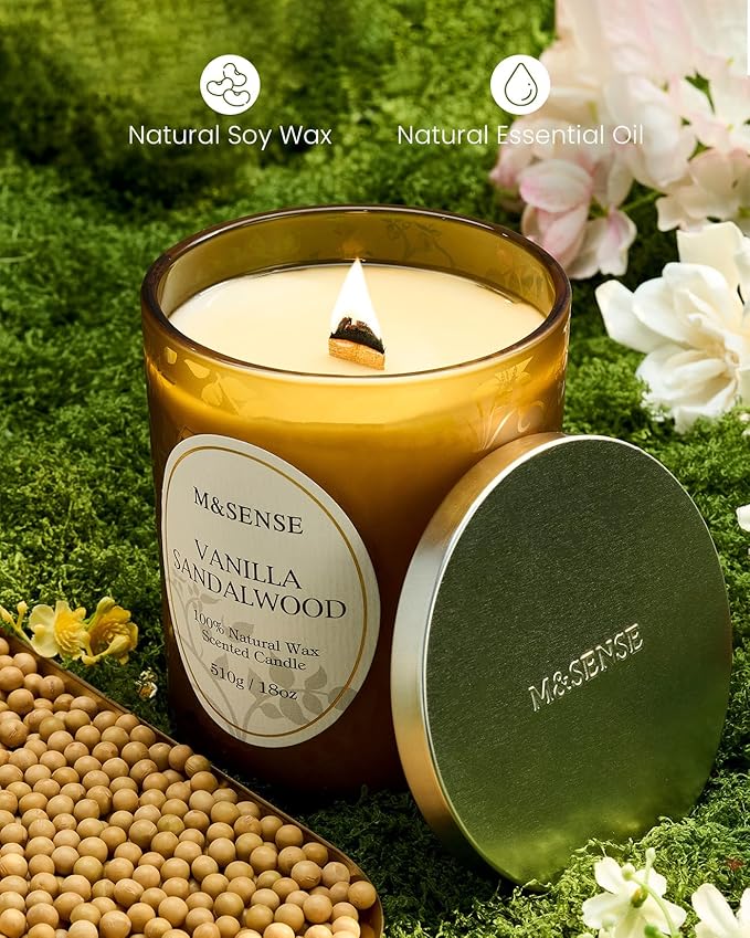 M&SENSE Vanilla Sandalwood Candle, Wooden Wick Strong Scented Candle,100 Hours Slow Burning No Toxin Natural Soy Wax 18oz, Stress Relief Aromatherapy Home Fragrance with Lid, House Warming Gift