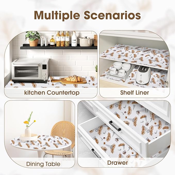 Drawer and Shelf Liner, Non-Slip Kitchen Cabinet Liners Non-Adhesive Thick Strong Grip Waterproof Washable Mats Protect Dresser ShelvesCabinets, Feather, 12 in X 10 FT