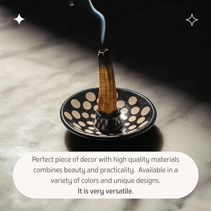 Luna Sundara Authentic Peru Pottery Palo Santo Stick Holder and Incense Holder Includes 5 Palo Santo Sticks Handmade Ceramic Smudge Bowl Sage Holder Palo Santo Holder (Black and White Polka)