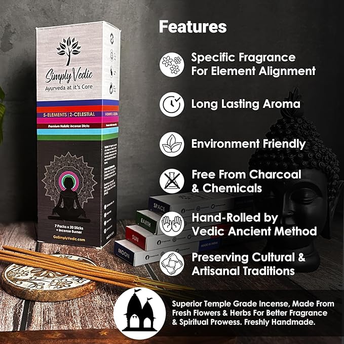 Premium Incense Sticks Set of 5 Elements Earth, Water, Air, Fire, Space 2 Celestial Bodies Sun & Moon| 140 Natural Agarbatti with Burner| for Home Pooja, Meditation, Yoga, Aromatherapy