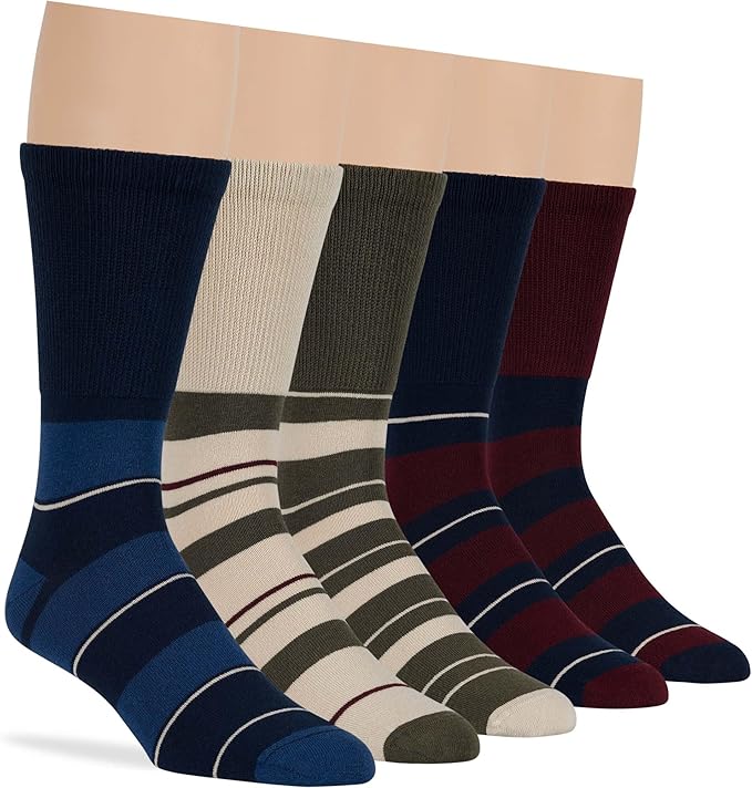 Men's Diabetic Loose Seamless Dress Crew Socks - 5 Pack Large - Stripe Pattern - Sock Size 10-13 Shoe Size 9-12 Burgundy, Dark Navy, Olive Green, Light Beige