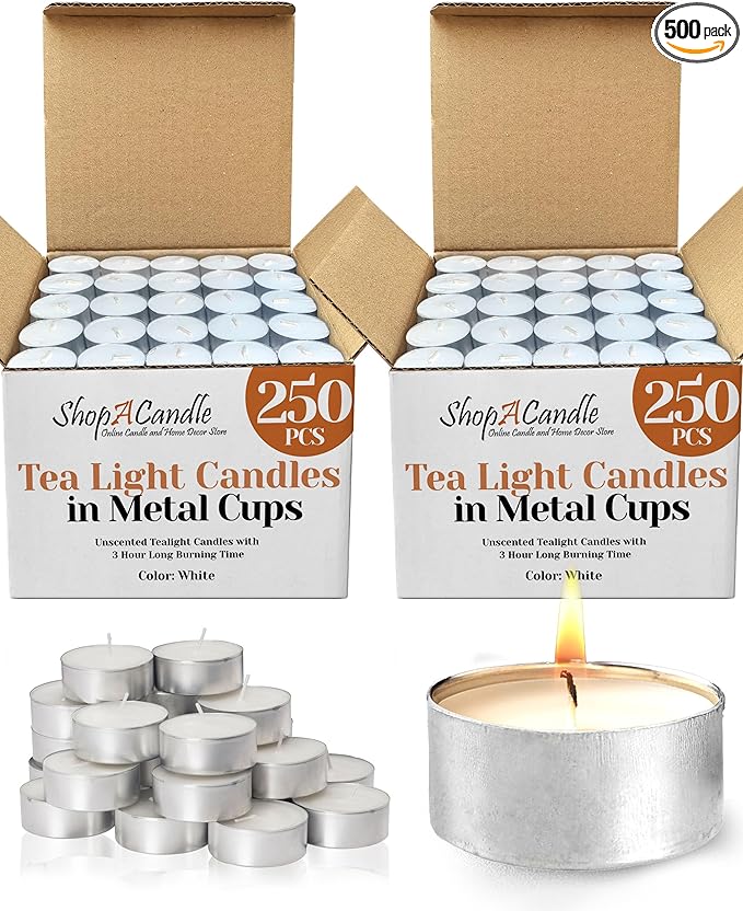500 Pack Tealight Candles in Metal Cups - Clean, White Unscented Tealight Candles with 3 Hour Long Burning Time for Romantic Dinner, Weddings, Spa & Hotels