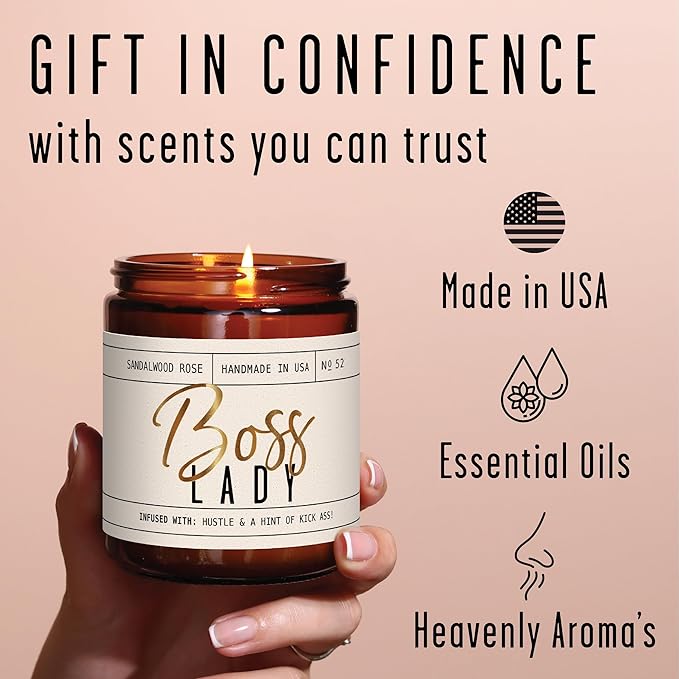 Boss Lady Gifts for Women - Soy Candle, w/Vanilla, White Coconut & Vetiver I Best Boss Gifts for Women/Girl/Female I Bosses Day Gift I 9oz Jar, 50Hr Burn Time, Made in USA