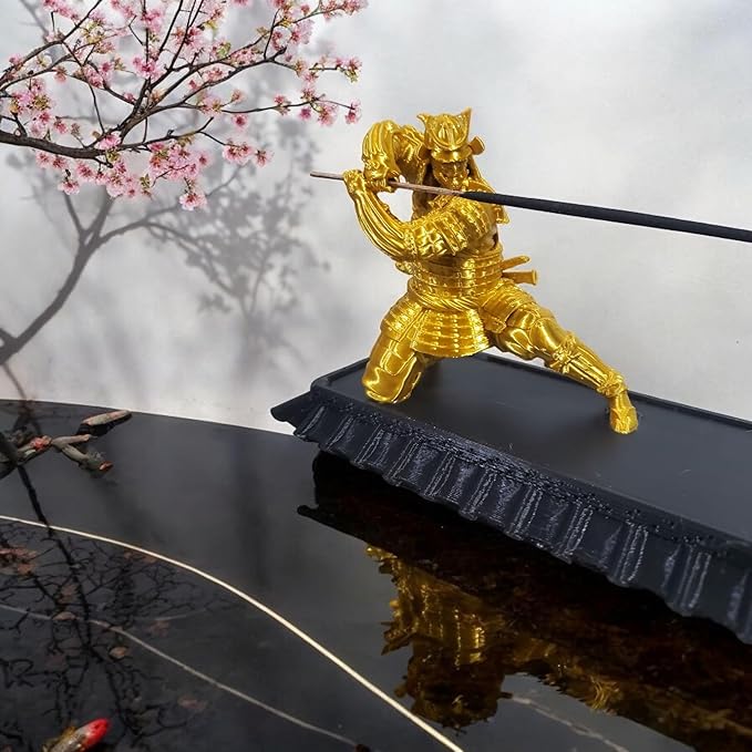 Samurai Incense Holder, Incense Burner with Storage Box, Ash Catcher, Warrior Incense Burner for Aromatherapy, Meditation, Yoga (Gold Samurai & Black Box)