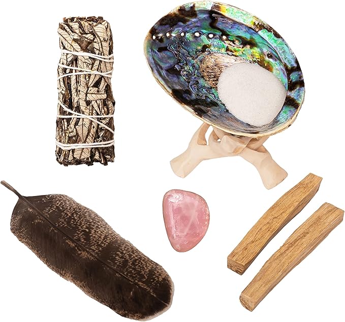 Spiritual Items - Yerba Santa Smudge Stick ~ Abalone Shell for Smudging ~ Palo Santo Sticks ~ 2 inchTripod Stand ~ 8 inch Feather and White Sand