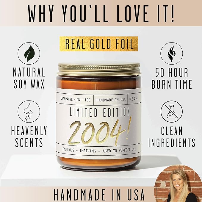 21st Birthday Gifts for Her - 'Limited Edition 2004' Soy Candle, w/Champagne on Ice I 21st Birthday Gifts for Women I 2004 21 Birthday Gifts for Her I 9oz Reusable Jar, 50Hr Burn, Made in USA