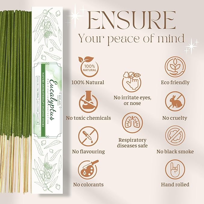 Organic-Natural-Non-Toxic-Eucalyptus-Incense-Sticks (86 Agarbatti Sticks) | 75 Minutes Long Lasting Burn for Positive Vibes, Relaxation, Aromatherapy, Air Purification, Meditation, Protection