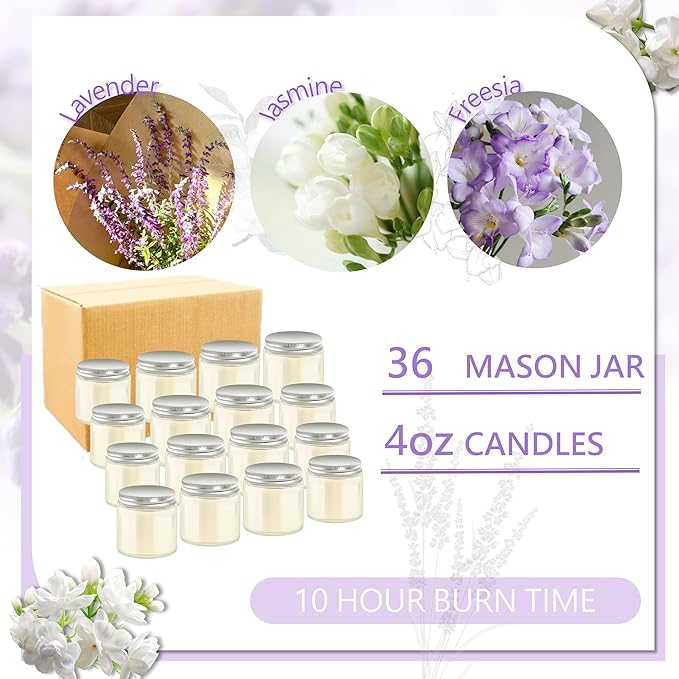 ACITHGL 36 Pcs 4oz Mini Mason Jar Candles Small Scented Candles Bulk Aromatherapy Ideal Souvenir Favors for Wedding Birthday Party (Freesia, Lavender, Jasmine, Silver)