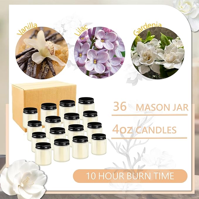 ACITHGL 36 Pcs 4oz Mini Mason Jar Candles Small Scented Candles Bulk Aromatherapy Ideal Souvenir Favors for Wedding Birthday Party (Vanilla, Lilac, Gardenia, Black)