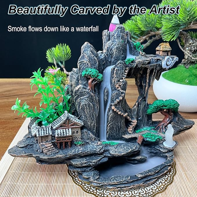 Mountain Waterfall Incense Burner，Backfall Incense Holder River, Incense Falls Meditation Decor for Room with Upgrade Incense Cones and Accessories (Mountain)