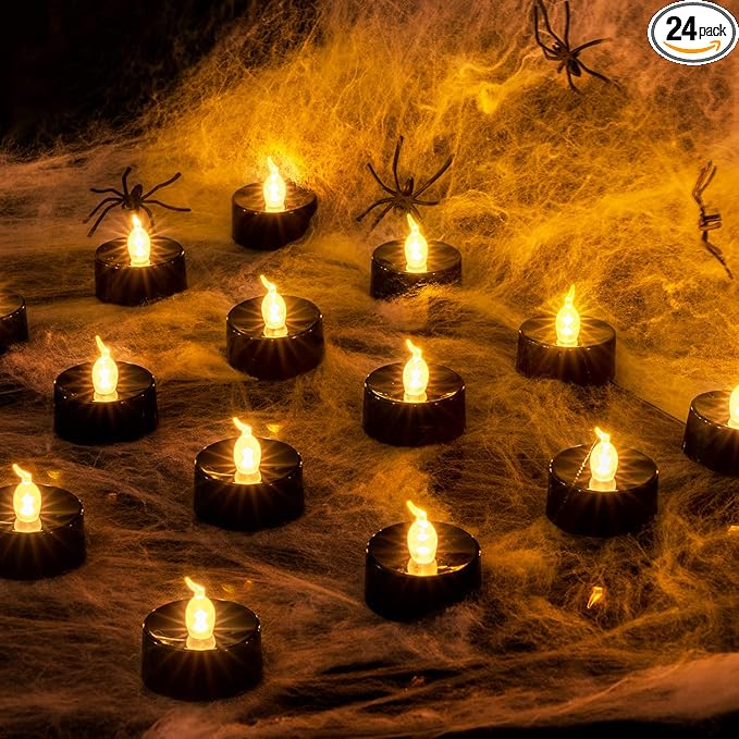 BEICHI Black Tea Lights, 24-Pack Battery Operated, Flameless Fake Candles Flickering, LED for Fall Holiday Decor, Theme Party, 1.4" D x 1.3"H - Warm White Light