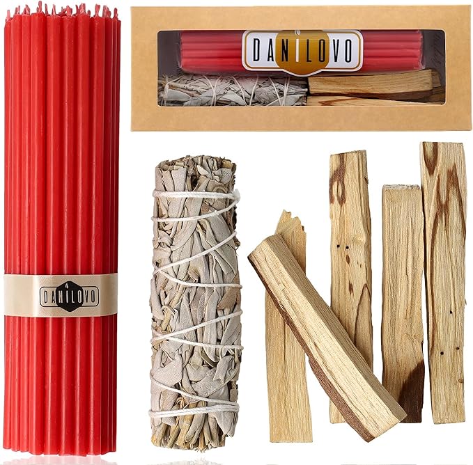 Danilovo Smudging Kit – 5 Palo Santo Sticks, 1 White Sage Smudge Stick and 50 pcs Beeswax Taper Candles Set for Meditation, Cleansing, and Spiritual Practices, Handcrafted, Eco-Friendly