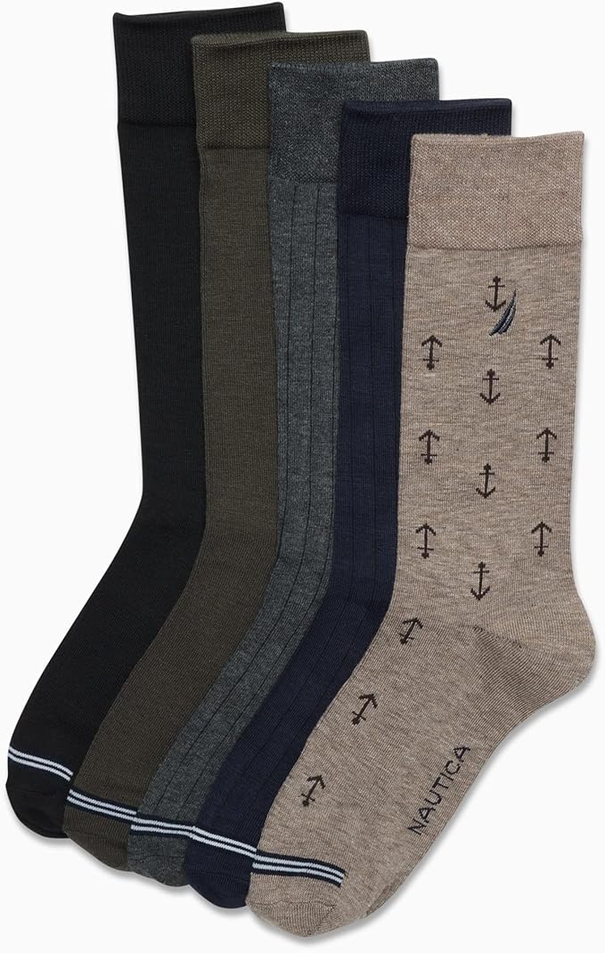 Nautica Mens Dress Socks - 5 Pack Breathable Comfort Stretch Crew-Length Work Socks for Men for Business Formal Wear (6-12.5)